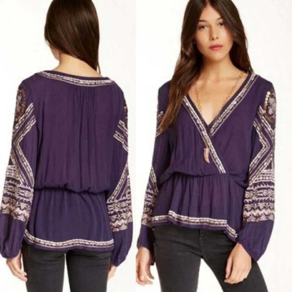 Free People Stitch Up Your Heart Purple Beaded Embroidered Blouse | Size Medium